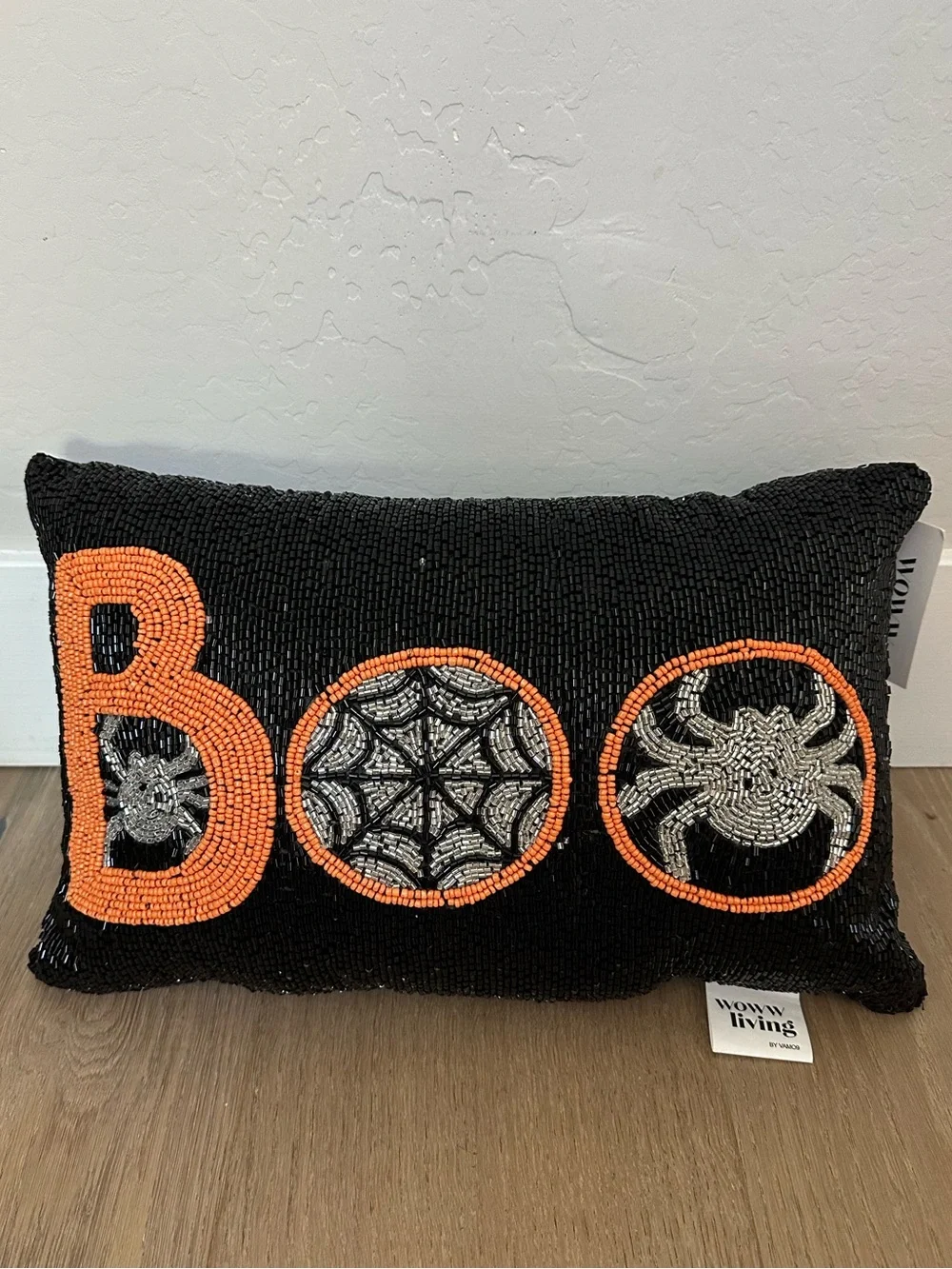 NWT WOWW Living Beaded “BOO” Spider Web Halloween Lumbar Pillow Black Orange